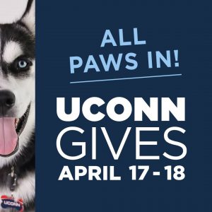 Jonathan the Husky with words All Paws In and UConn Gives, April 17-18