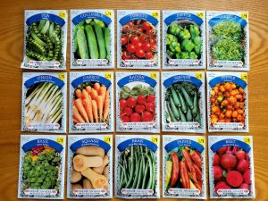 packets of vegetable seeds in rows on a table